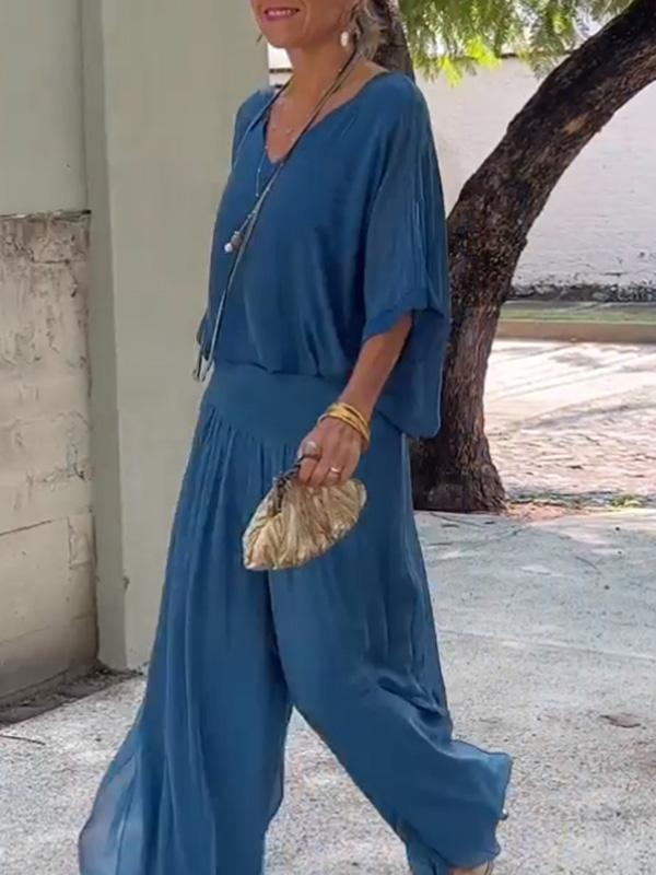 Sorella V-Neck Batwing Wide-Leg Jumpsuit Set