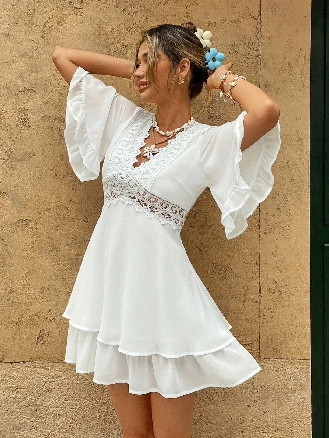 Elowen Lace Trim Ruffle Mini Dress