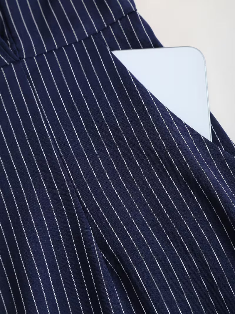 Viviana Pinstripe Belted Pencil Midi Dress