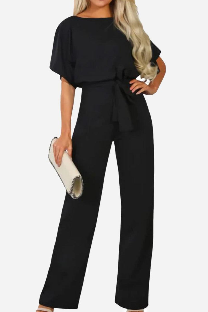 Stella Wide-Leg Belted Jumpsuit with Batwing Sleeves