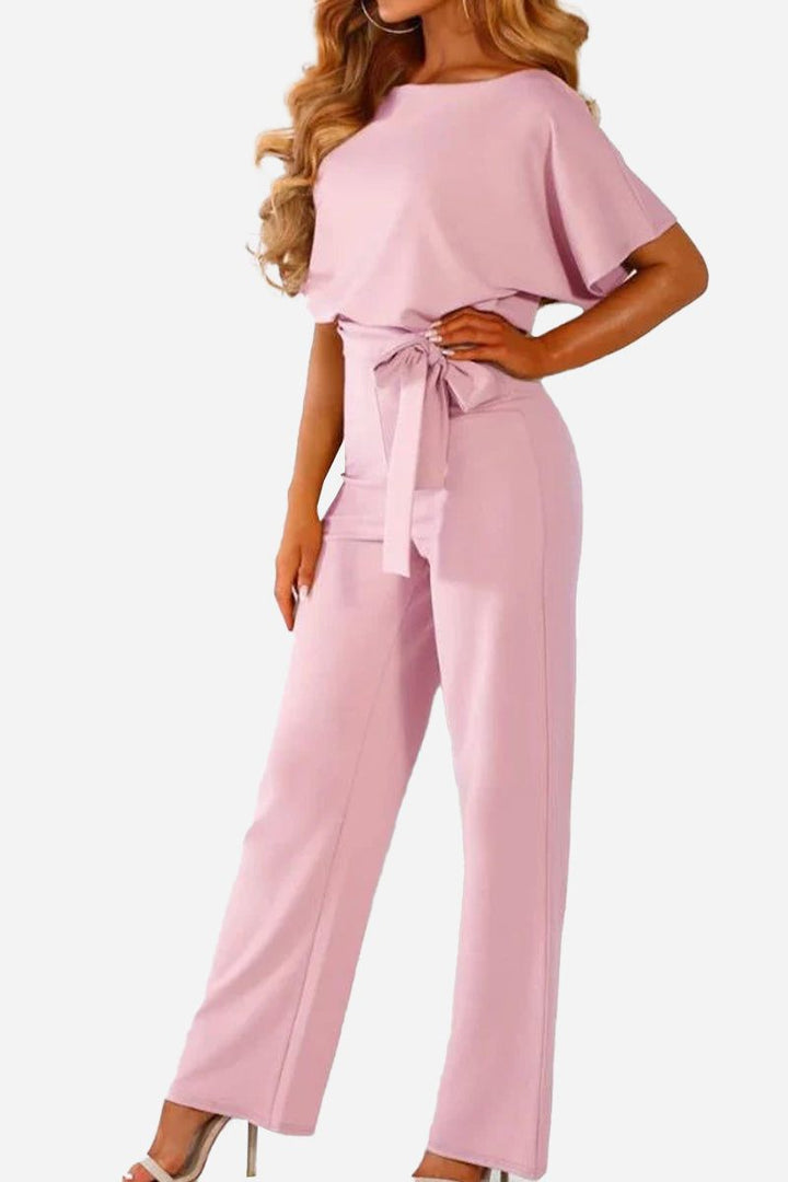 Stella Wide-Leg Belted Jumpsuit with Batwing Sleeves