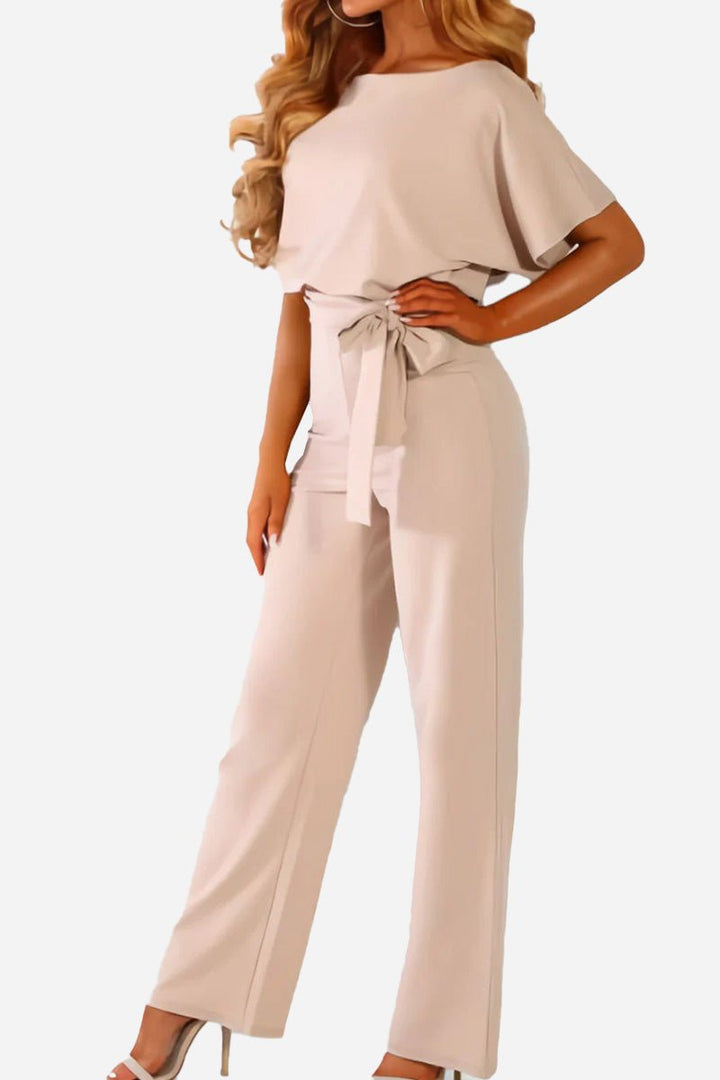 Stella Wide-Leg Belted Jumpsuit with Batwing Sleeves
