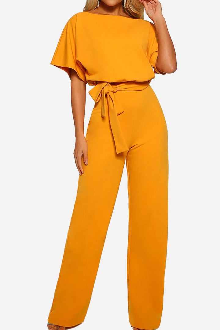 Stella Wide-Leg Belted Jumpsuit with Batwing Sleeves