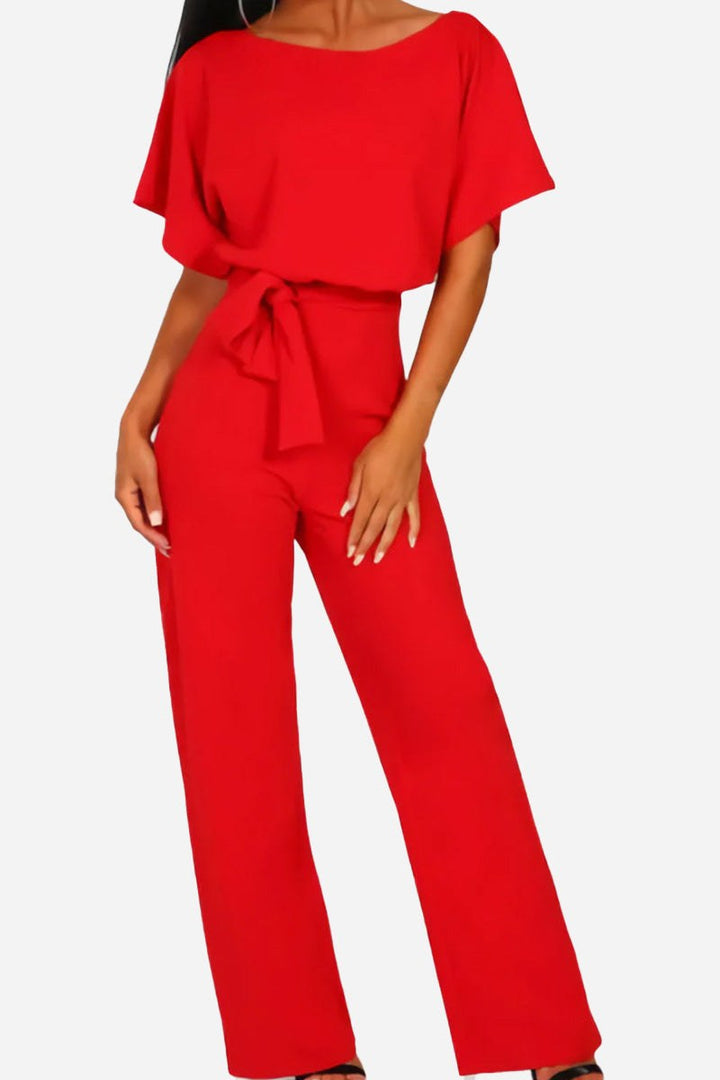 Stella Wide-Leg Belted Jumpsuit with Batwing Sleeves