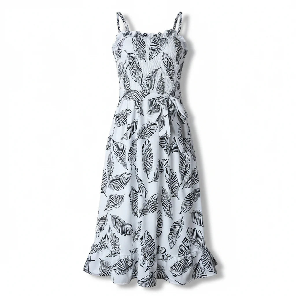 Thalia Leaf Print Ruffle Midi Dress