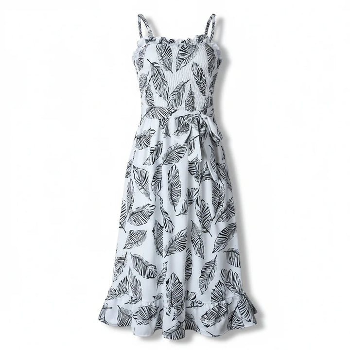 Thalia Leaf Print Ruffle Midi Dress