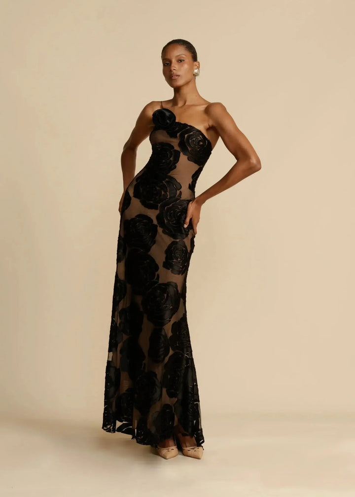 Valentina One Shoulder Rose Mesh Maxi Dress