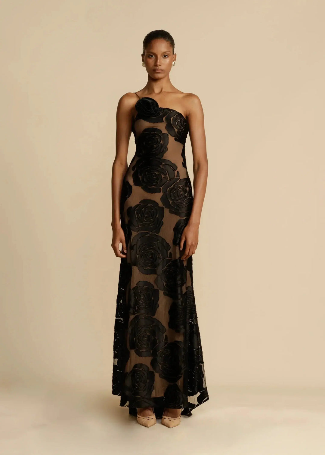 Valentina One Shoulder Rose Mesh Maxi Dress