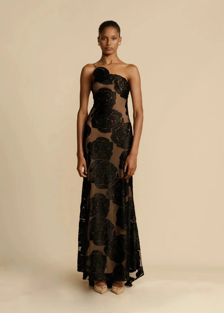 Valentina One Shoulder Rose Mesh Maxi Dress