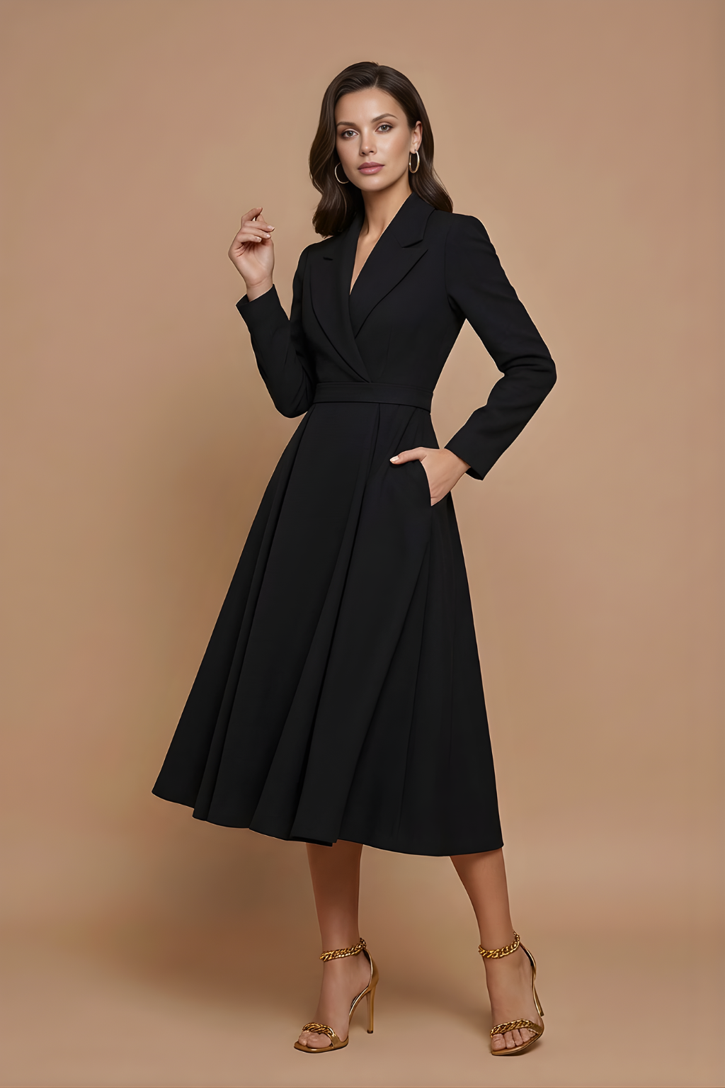 Genevieve Notched Lapel A Line Midi Dress