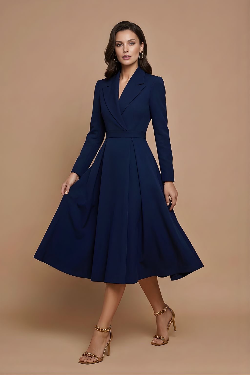 Genevieve Notched Lapel A Line Midi Dress