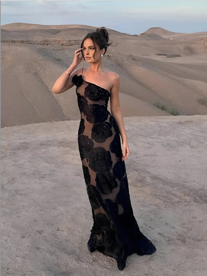 Valentina One Shoulder Rose Mesh Maxi Dress