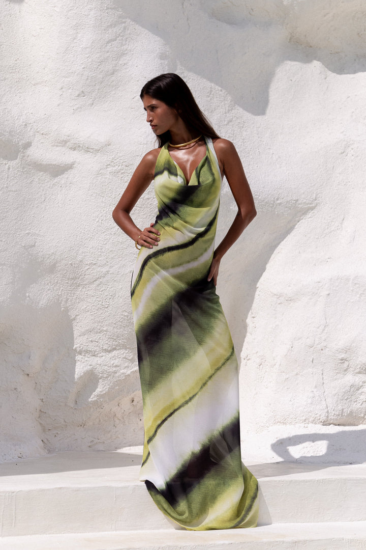 Calista Abstract Print Halter Maxi Dress