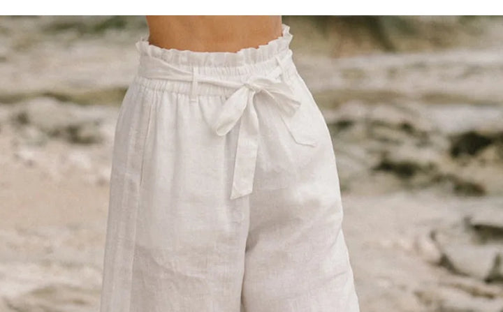 Ruffle Waist Linen Wide Leg Pants