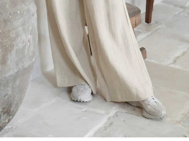 Ruffle Waist Linen Wide Leg Pants