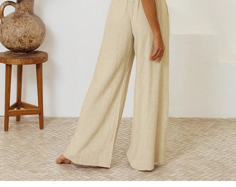 Ruffle Waist Linen Wide Leg Pants