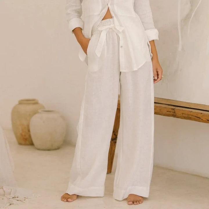 Ruffle Waist Linen Wide Leg Pants