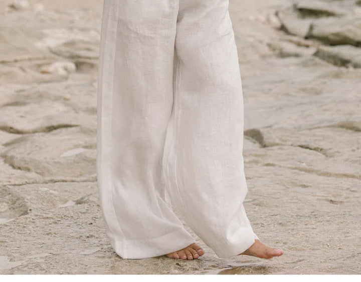 Ruffle Waist Linen Wide Leg Pants