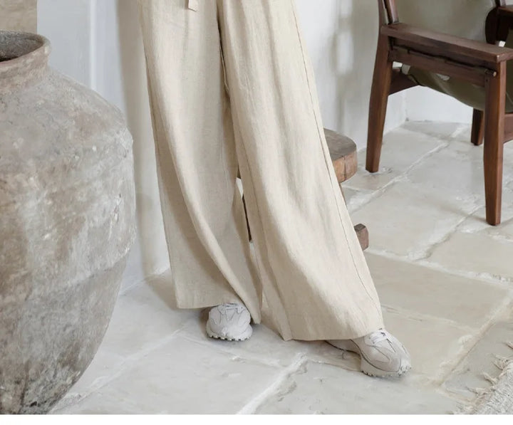 Ruffle Waist Linen Wide Leg Pants