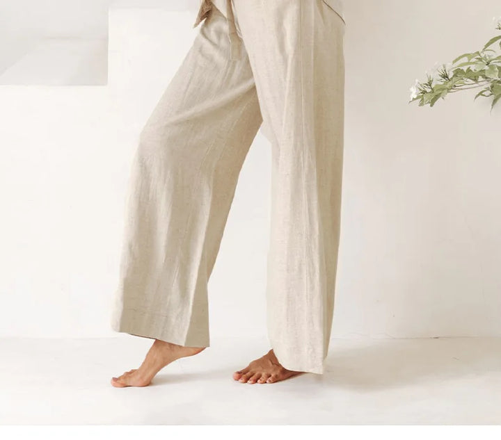 Ruffle Waist Linen Wide Leg Pants
