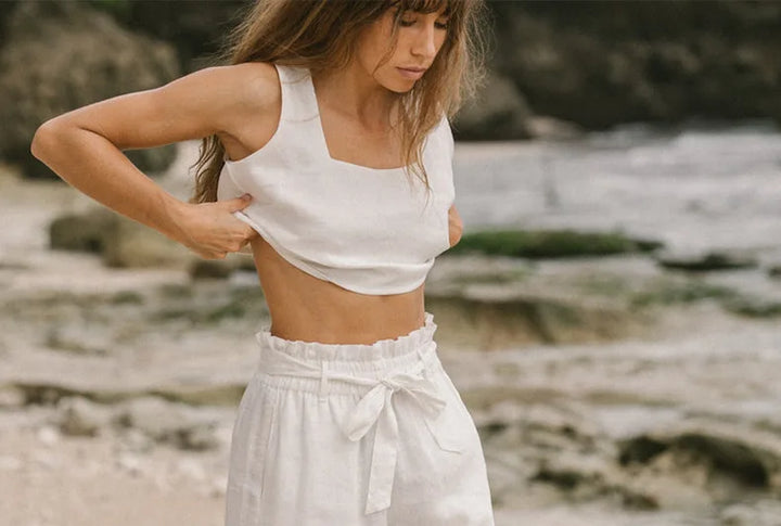 Ruffle Waist Linen Wide Leg Pants