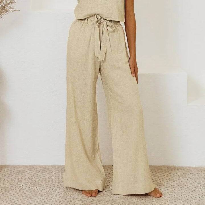 Ruffle Waist Linen Wide Leg Pants