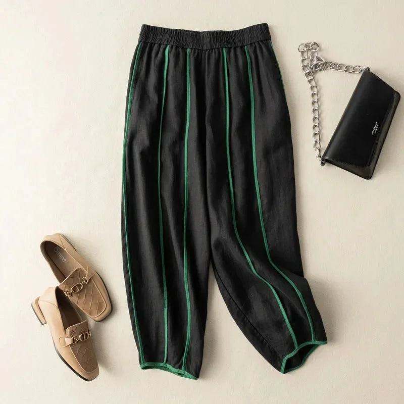 Green Stripe Linen Wide Leg Pants