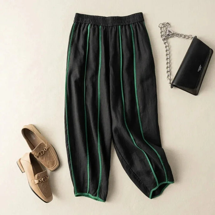 Green Stripe Linen Wide Leg Pants