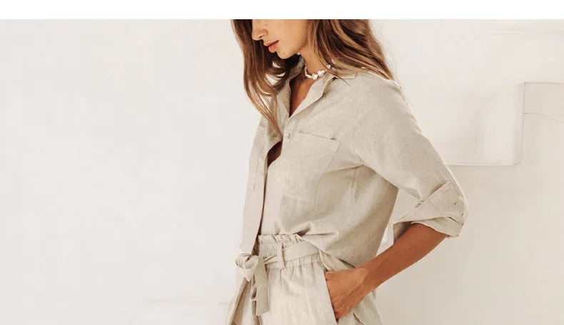 Ruffle Waist Linen Wide Leg Pants