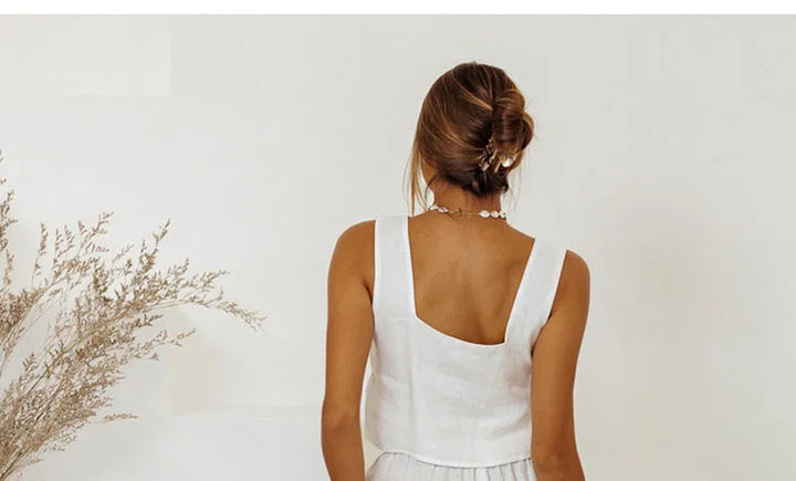 Ruffle Waist Linen Wide Leg Pants