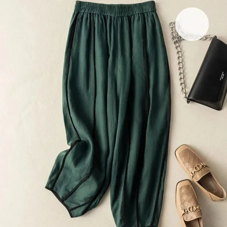 Green Stripe Linen Wide Leg Pants