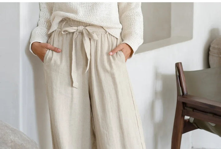 Ruffle Waist Linen Wide Leg Pants