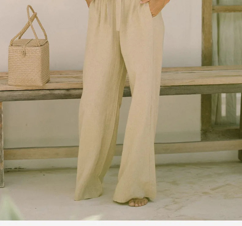 Ruffle Waist Linen Wide Leg Pants