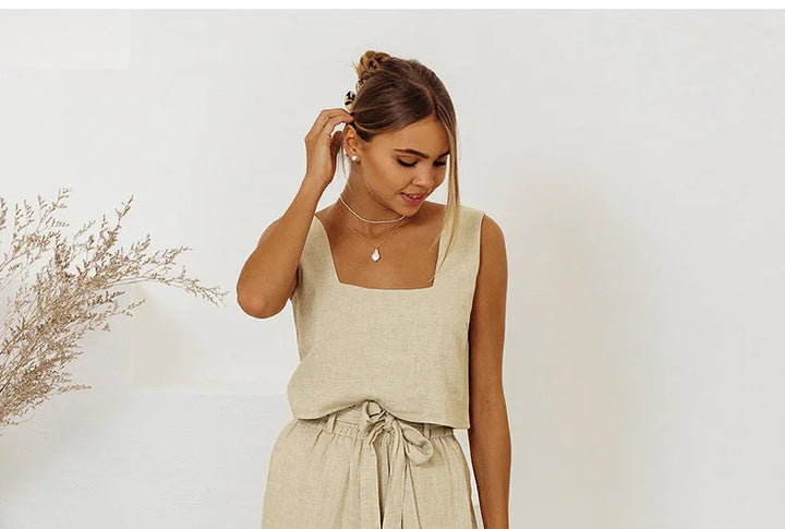 Ruffle Waist Linen Wide Leg Pants