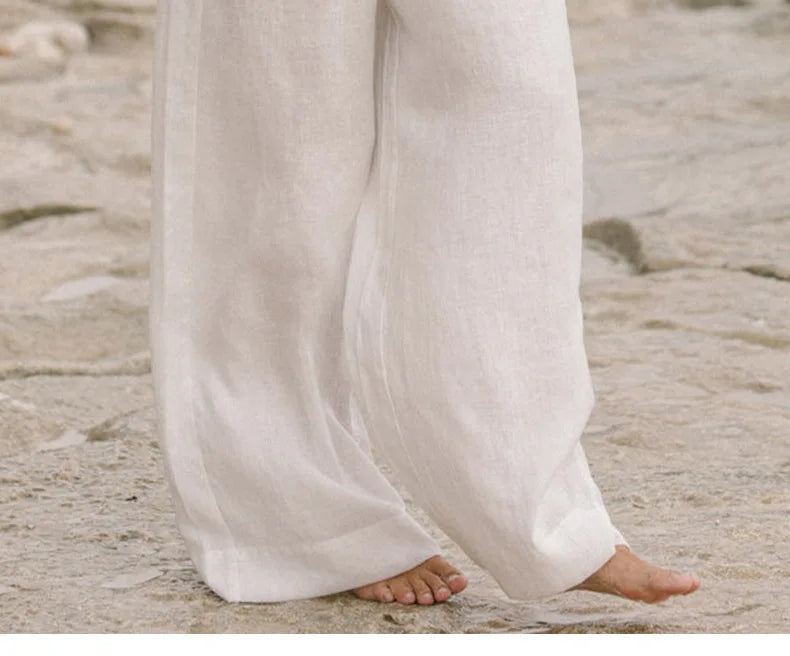 Ruffle Waist Linen Wide Leg Pants