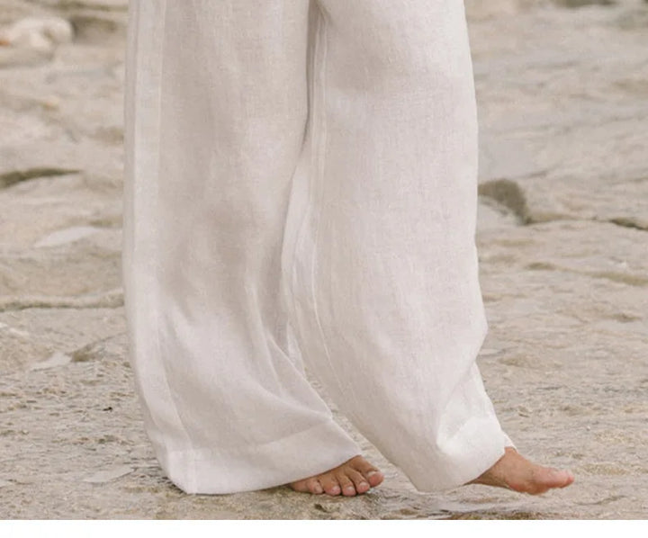 Ruffle Waist Linen Wide Leg Pants
