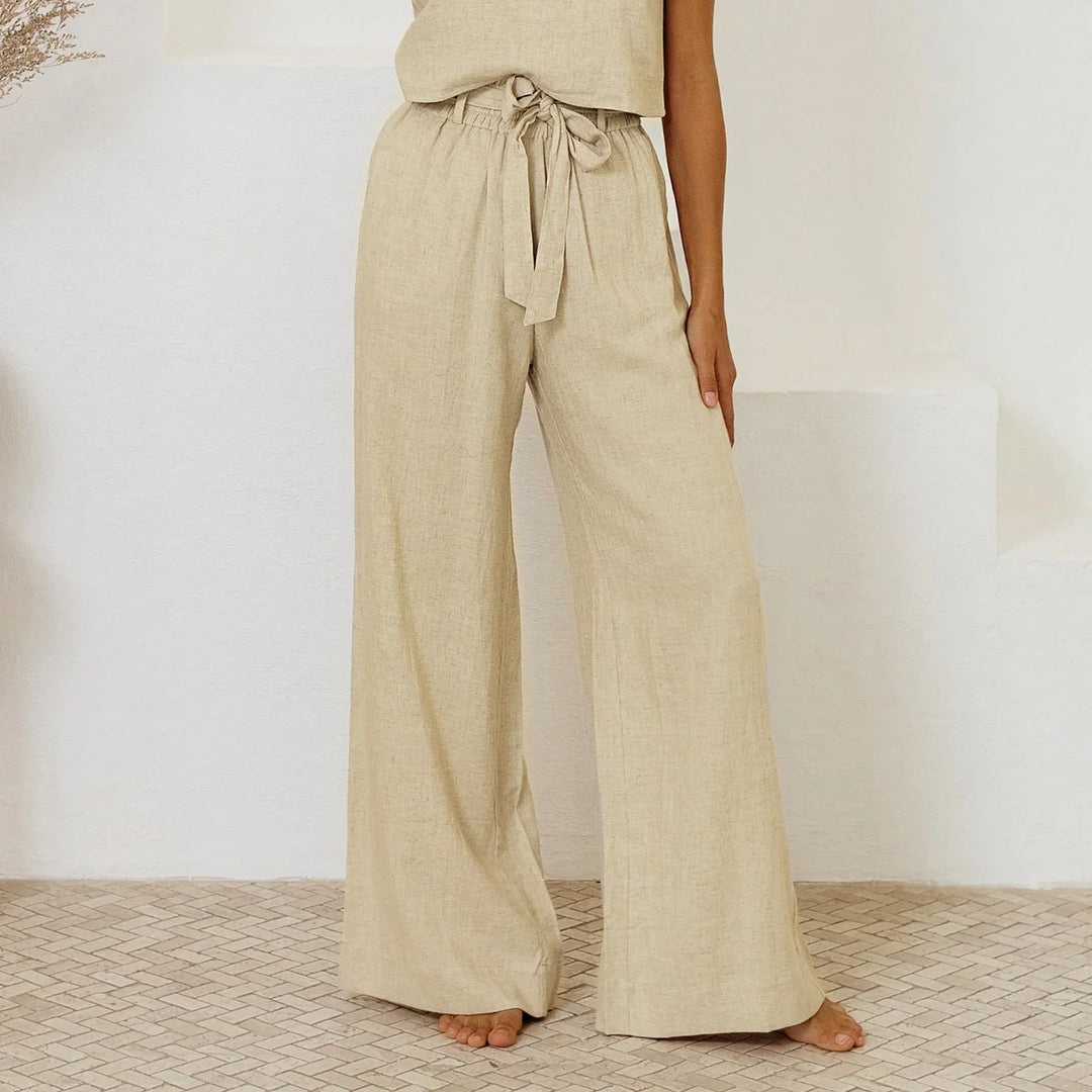 Ruffle Waist Linen Wide Leg Pants