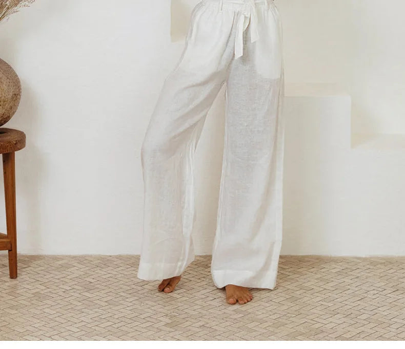 Ruffle Waist Linen Wide Leg Pants