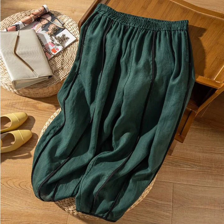 Green Stripe Linen Wide Leg Pants