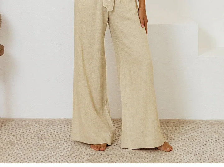 Ruffle Waist Linen Wide Leg Pants