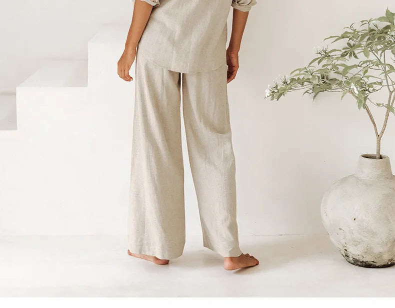 Ruffle Waist Linen Wide Leg Pants