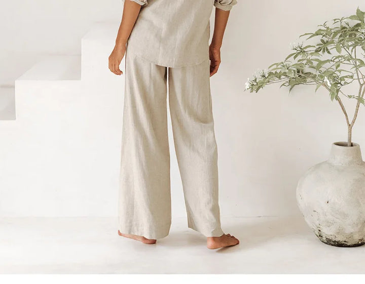 Ruffle Waist Linen Wide Leg Pants
