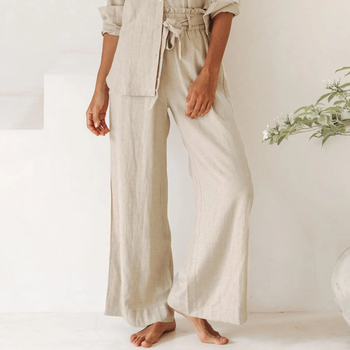 Ruffle Waist Linen Wide Leg Pants
