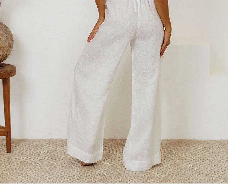 Ruffle Waist Linen Wide Leg Pants