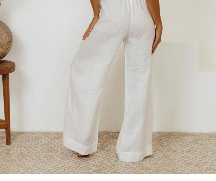 Ruffle Waist Linen Wide Leg Pants