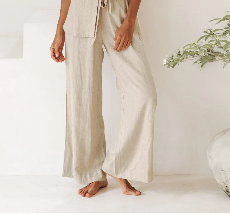 Ruffle Waist Linen Wide Leg Pants