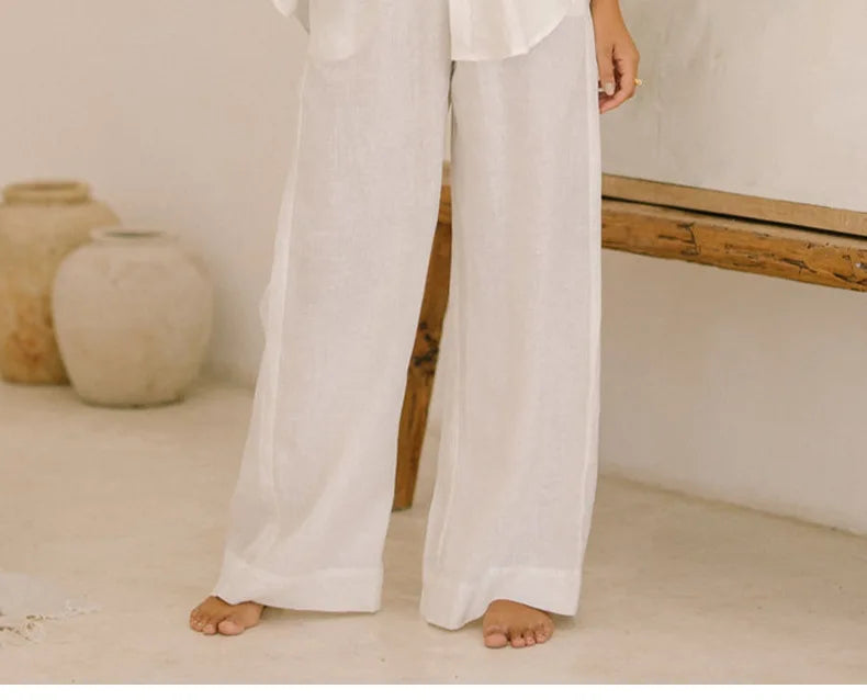 Ruffle Waist Linen Wide Leg Pants