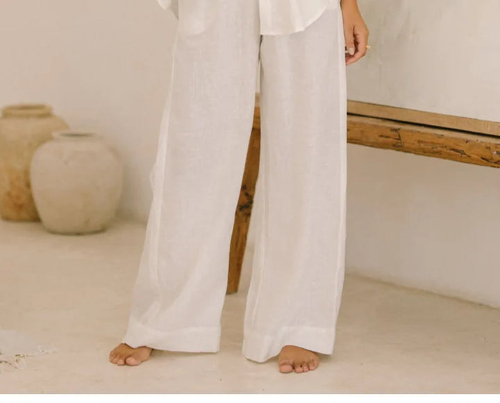 Ruffle Waist Linen Wide Leg Pants