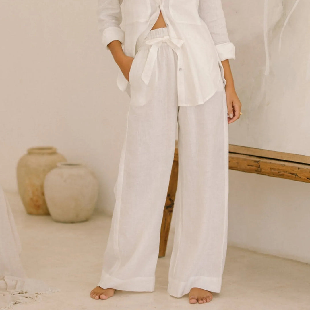 Ruffle Waist Linen Wide Leg Pants