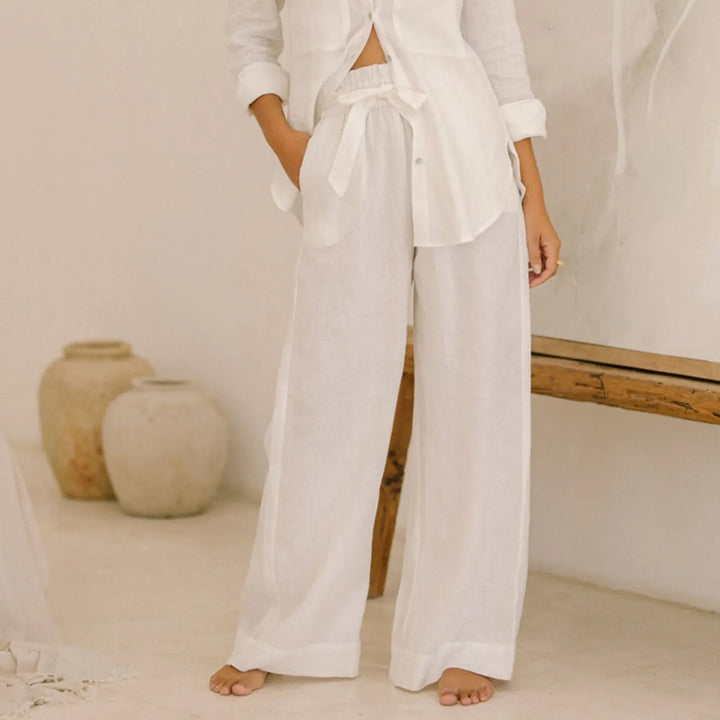 Ruffle Waist Linen Wide Leg Pants